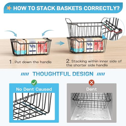 Freezer Organizer Bins, 4 Pack Stackable Chest Freezer Organizer for 5-7 Cu.FT Deep Freezer Sort Frozen Meats and Food, Freezer Storage Baskets with Handles Easy Reach from Bottom, Black