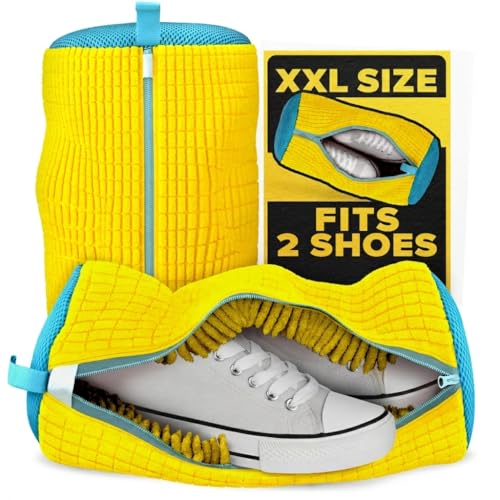 2 Pcs Reusable Shoe Washing Machine Bag, XXL with Zipper, Yellow | Shoe Bag for Washing Machine & Dryer; Fluffy Fibers Clean Every Side; Protects Shoes; Fits Sneakers US 6 to 12; Hanging Loop