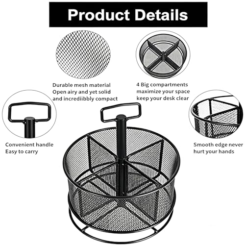 Marbrasse Mesh Desk Organizer, 360-Degree Rotating Multi-Functional Pen Holder, 4 Compartments Desktop Stationary Organizer, Home Office Art Supply Storage Box Caddy (Black)