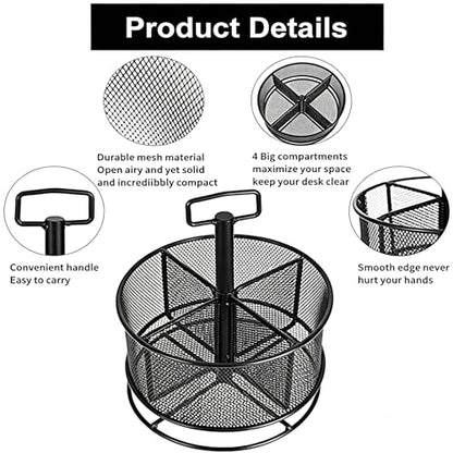 Marbrasse Mesh Desk Organizer, 360-Degree Rotating Multi-Functional Pen Holder, 4 Compartments Desktop Stationary Organizer, Home Office Art Supply Storage Box Caddy (Black)