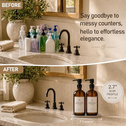 Fachixy Amber Glass Soap Dispenser 2 Pack, 16 Fl Oz, 14 Waterproof Labels | Leak-Resistant Stainless Steel Pump, Non-Slip Pad, Hand & Dish Soap Dispenser Bottles Set for Kitchen and Bathroom