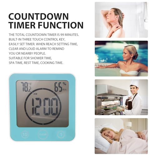 Bathroom Shower Wall Clock Timer Waterproof , Shower Clock with Suction | LCD Digital Touch Screen, 99Mins Countdown Timer, Temperature Humidity Gauge, Visual Timer Hanging Wall Clock, Blue