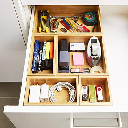 Bamboo Drawer Organizer and Storage Set, Multi-use Set of 5 Storage Trays, Wood Boxes of various sizes for Office Desk or homework, Kitchen, Bathroom Jewelry, Cosmetic Make up, Baby Bedroom, Junk.