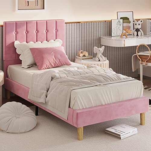 LIKIMIO Twin Bed Frames with Headboard, Velvet Upholstered, Pink