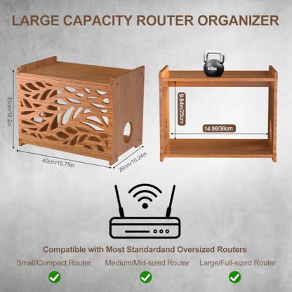 Router Box Hider & Projector Shelf -Decorative WiFi Router Storage Cabinet | Ventilation Cable Management Box Modem & Power Strip Hider Rack Leaf Pattern Cutout, Fits Routers Up to 9.84" Tall (Brown)