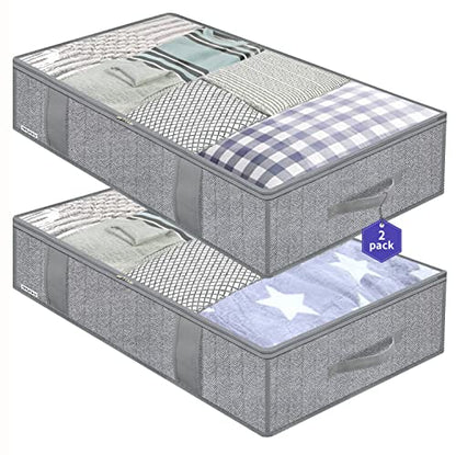 Onlyeasy Large Underbed Storage Bags Organizer Container (2 Pack) with 4 Handles and 2 Sturdy Zippers, Blankets Clothes Comforters Foldable Storage Bags with Clear Window, Herringbone Grey, MXRUBBP2