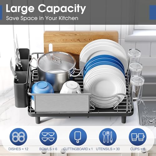 Urackify Stainless Steel Dish Drying Rack for Kitchen Counter, Black | Rustproof Dish Rack with Utensil Holder, 16.9" L x 12.4" W Large Capacity, Auto Drain Dish Drainer for Plate Dish Sliverware