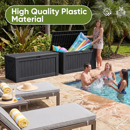 Flamaker Resin Deck Box 120 Gallon Waterproof Large Outdoor Storage Box | Indoor Imitation Wood Resin Plastic Delivery Box for Patio Furniture Garden Tools and Pool Deck Chest