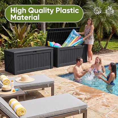 Flamaker Resin Deck Box 120 Gallon Waterproof Large Outdoor Storage Box | Indoor Imitation Wood Resin Plastic Delivery Box for Patio Furniture Garden Tools and Pool Deck Chest