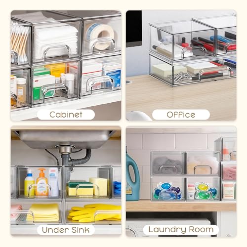 Stackable Storage Drawers, 3 Pack Clear Acrylic Makeup & Bathroom Organizer, Versatile Storage Bins for Vanity, Under Sink, Kitchen Cabinets & Pantry