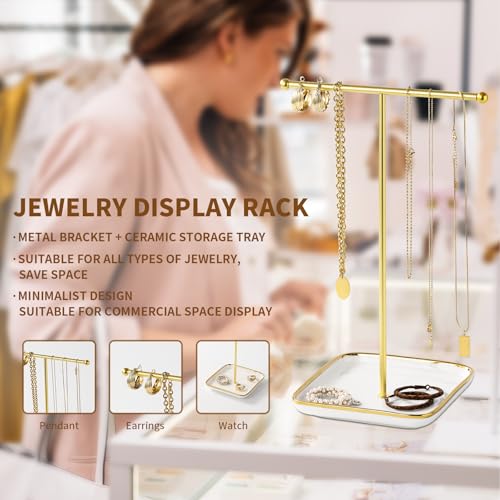 modern T-shaped jewelry rack, jewelry tower, gold metal, square ceramic base decoration display tower, necklace, bracelet, ring storage rack (1-layer ceramic disc)