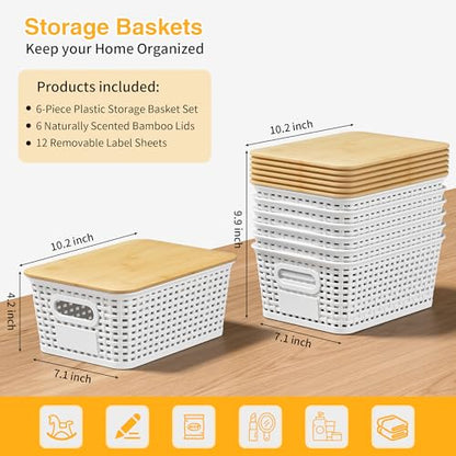 Plastic Storage Baskets with Bamboo Lids and Labels, Stackable Storage Containers, Storage Bins for Organizing Shelves Drawers Desktop Closets Office, 6 Packs-White