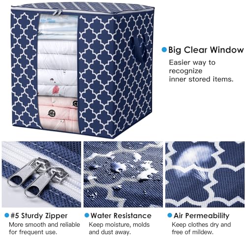 WISELIFE Storage Bags 3 Pack/100L Large Blanket Clothes Organization and Storage Containers for Comforters,Bedding, Foldable Organizer with Reinforced Handle, Clear Window, Sturdy Zippers,Blue