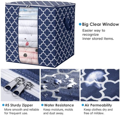 WISELIFE Storage Bags 3 Pack/100L Large Blanket Clothes Organization and Storage Containers for Comforters,Bedding, Foldable Organizer with Reinforced Handle, Clear Window, Sturdy Zippers,Blue