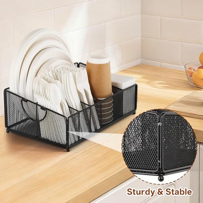 Large Paper Plate and Silverware Caddy for Countertop Party Picnic Camping, Plastic Cutlery Holder Organizer for Disposable Plate Cup Flatware Utensil Napkin, Black