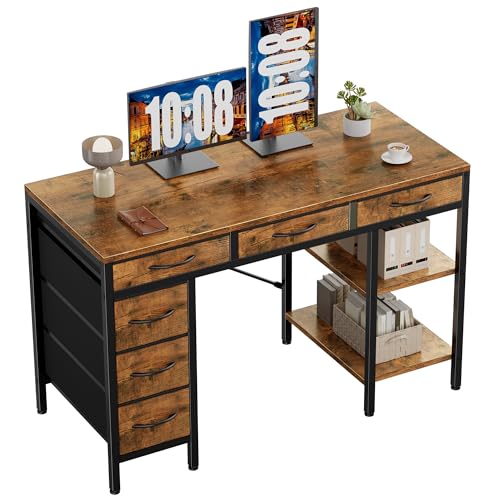 Sweetcrispy 47" Computer Desk with 6 Fabric Drawers & Storage Shelves | Reversible Gaming Desk, Office Desk, Computer Workstation, Corner Desk with Storage, Home Office, Living Room,Rustic Brown
