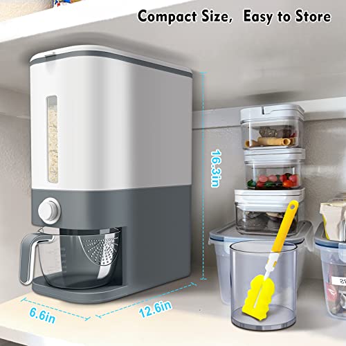 Rice Dispenser, 22-25 Lbs Rice Container with Measuring Cup, Upgraded Built-in Fresh Box, Cereal Dispenser Storage with Lids for Home Kitchen Pantry Rice Soybean Corn-Grey