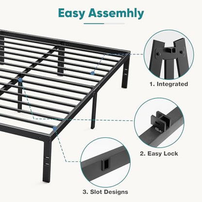 OLIXIS 14In Metal Queen Bed Frame with Storage Space, No Box Spring Needed with Sturdy Steel Slat Support, Heavy Duty and Easy Assembly, Platform Bed for Bedroom, Black