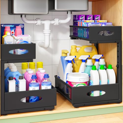 Under Sink Organizer, 2-Pack Pull Out Cabinet Orga... (2 Count | Black | Carbon Steel)
