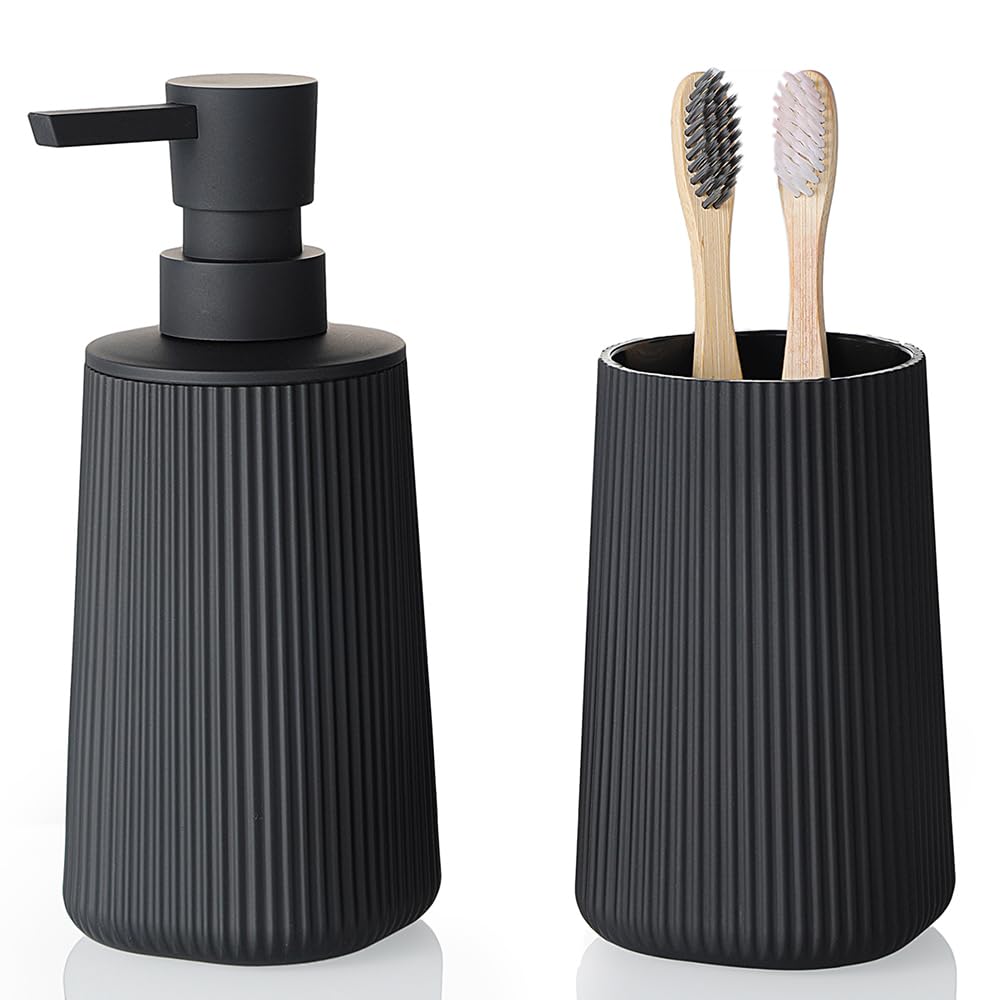 Bathroom Soap Dispenser and Toothbrush Holder Striped Black | Bathroom Accessories Set 2 Piece for Bathroom Countertop Storage and Decor