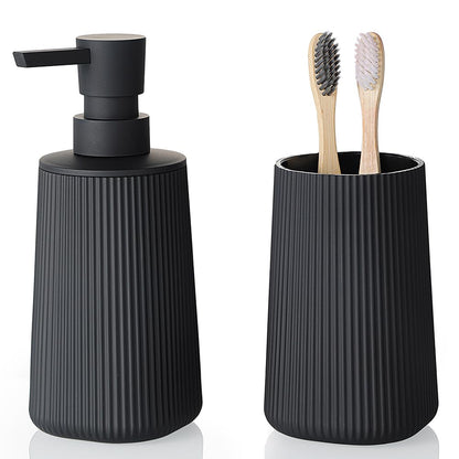Bathroom Soap Dispenser and Toothbrush Holder Striped Black | Bathroom Accessories Set 2 Piece for Bathroom Countertop Storage and Decor
