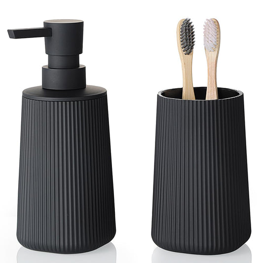 YAUKPH Bathroom Soap Dispenser and Toothbrush Holder Striped Black | Bathroom Accessories Set 2 Piece for Bathroom Countertop Storage and Decor