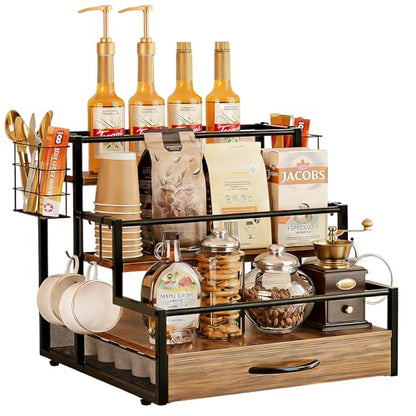 4 Tier Countertop Coffee Syrup Rack Organizer with 36 K Cup Storage | Wooden Sturdy and Space-Saving Coffee Bar Organizer with Drawer Condiment Storage Shelves for Kitchen Home Office Restaurant