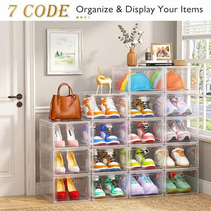 Sturdy Clear Shoe Organizer with Magnetic Door, Stackable Shoe Storage Box | Thick Plastic Shoe Storage for Sneakers & Boots, Collapsible Closet Shoe Rack and Clear Shoe Box, 6 Pack White