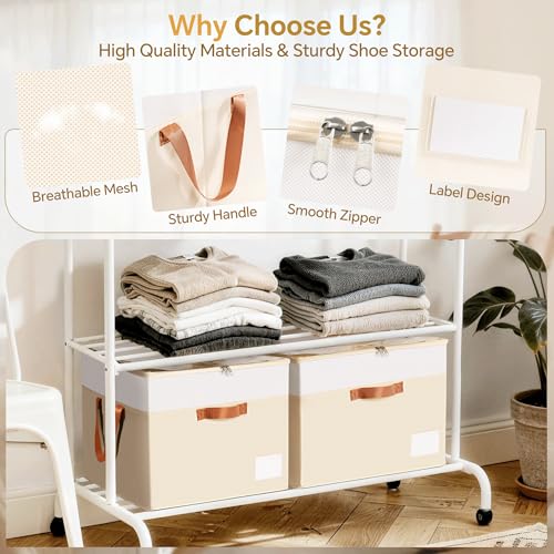 Shoe Organizer for Closet, 2 Pack Foldable Shoe Storage Organizer Box Bin with Adjustable Dividers and Clear Cover, Closet Shoe Storage for Sneakers Sandals Boots, Fit 16-32 Pairs, Beige