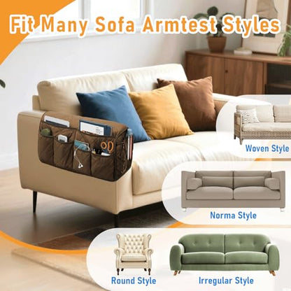 Armchair Caddy, Remote Control Holder for Recliners, Sofa Armrest Organizer, Non Slip Recliner Organizer, Couch Caddy with 14 Pockets Storage for TV Remote, Phone, Magazine (Brown)