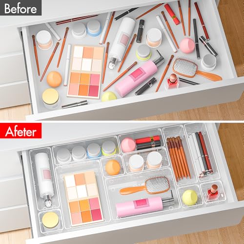 45Pack Makeup Drawer Organizers Set, 4Sizes acrylic desk organizer trays for vanity, bathroom, office, nightstand, junk for kitchen drawer, Versatile plastic drawer divider storage bins