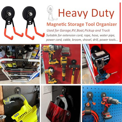 ULIBERMAGNET Heavy Duty Magnetic Garage Hooks,4 Pack Strong Large Magnet Hooks for Power Drill,Garden Tools,Hose,Pegboard,Garage, Workshop,Magnetic Storage Hooks for Indoor Outdoor Hanging(Orange)
