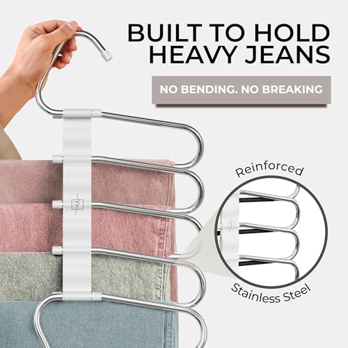 Pants Hangers Space Saving - 2 Pack - Non-Slip Multi-Layer Space Saving Hangers - Multifunctional Clothing Rack for Closet Storage - Ideal for Jeans, Trousers, Skirts, Scarves & Slacks (White)