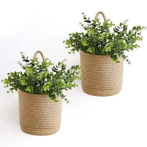Dahey 2 Pack Woven Hanging Wall Basket 6.5"W×7"H with Artificial Eucalyptus | Easy Hanging Design, Jute Multi-Use Storage Basket, Holds Artificial Plants Flowers ＆ Utensils, Farmhouse Kitchen Wall Decor