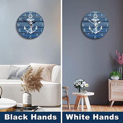 TAHEAT Nautical Anchor Beach Wall Clock, Navy Blue Bathroom Accessories and Decor, Decorative Battery Operated Vintage Clocks for Living Room/Kitchen/Home/Lake House, 12 Inch