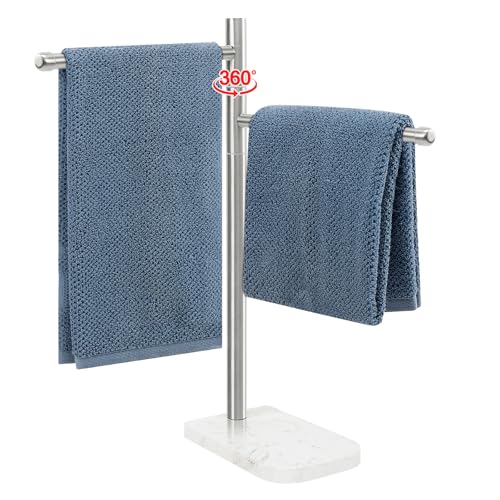 Hand Towel Holder, F-Shape Hand Towel Stand with Marble Base, Stainless Steel Swivel Hand Towel Rack Standing Towel Bar for Bathroom Kitchen Countertop, 2 Arms (Brushed Nickel)