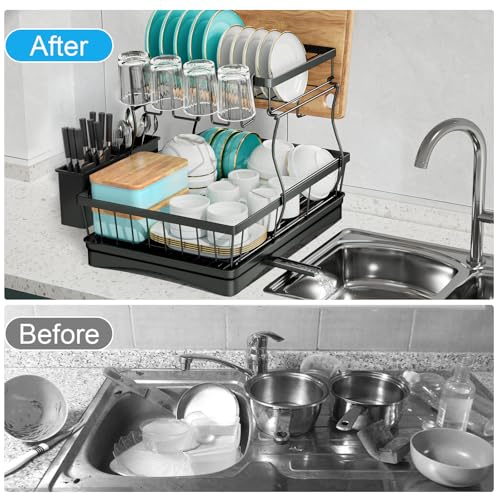 7 code 2-Tier Large Dish Drying Rack for Kitchen Counter, Black | Detachable Large Capacity Dish Drainer Organizer with Auto Drain, Anti-Rust Dish Rack with Cup & Utensil Holders