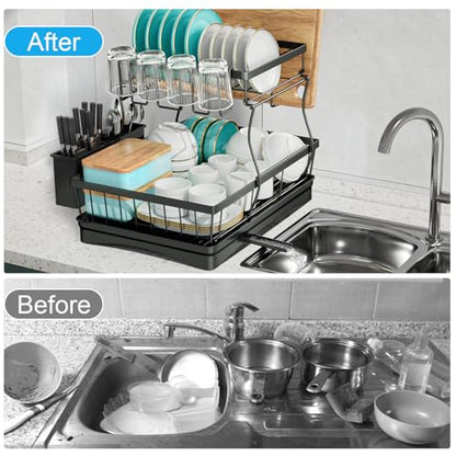 7 code 2-Tier Large Dish Drying Rack for Kitchen Counter, Black | Detachable Large Capacity Dish Drainer Organizer with Auto Drain, Anti-Rust Dish Rack with Cup & Utensil Holders