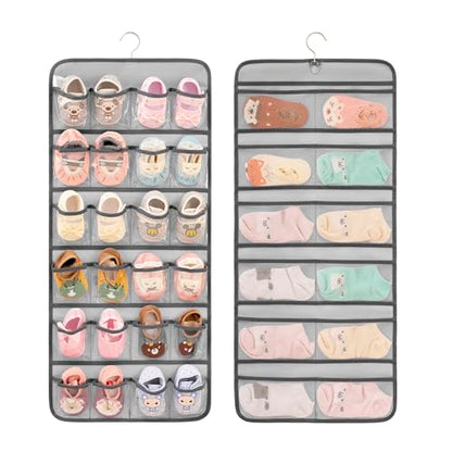 Dual-sided Hanging Baby Shoes Organizer Closet Toddler Shoe Storage Holder for Kids Bow Socks Underwear (GREY)