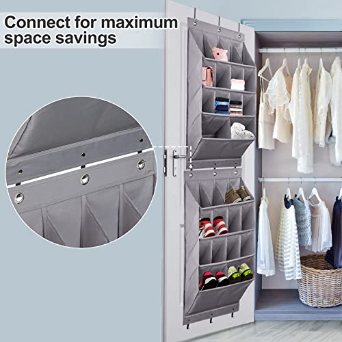 2 Pack Over the Door Shoe Organizer, Hanging Shoe Organizer Rack,24 Large Pockets and 4 Larger Storage Various Compartments with 6 Hooks, Home Accessories, Grey
