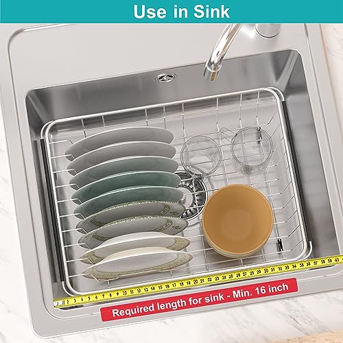Expandable Dish Drying Rack Over Sink, Rustproof Stainless Steel Basket Shelf, Multifunctional Dish Drainer Organizer with Utensil Cutlery Holder