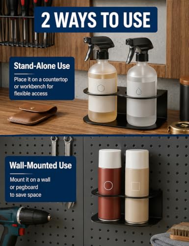 2 Pack Spray Bottle Holder Wall Mount, Steel Easy Install with Hardware | Heavy Duty Metal Spray Can Rack Organizer with Double Holes, Multi-Purpose Bottle Storage Shelf for Garage, Home & Workspace