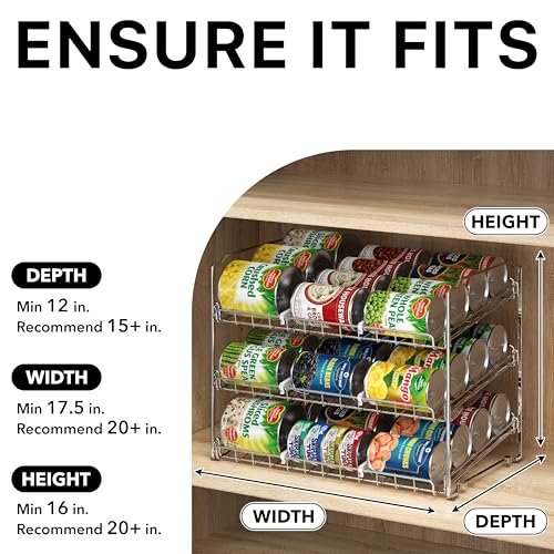 Simple Houseware 3-Tier Stackable Can Organizer Rack Hold 36 Cans, Chrome | Can Food Storage Dispenser for Pantry/Cabinet, Adjustable Dividers – 11.5" D x 17" W x 13.75" H