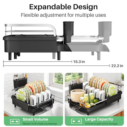 SAYZH Expandable Dish Drying Rack for Small Kitchen Counter, Black | Stainless Steel, Protective Guardrail, Angled Drainboard, Fits High-Rim Sinks, Removable Utensil Holder