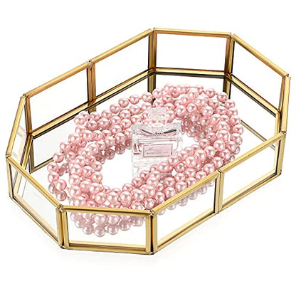 Hipiwe Mirror Glass Vanity Tray - Gold Ornate Makeup Organizer Perfume Tray | Vintage Octagonal Dresser Trays for Jewelry Trinket Organizer, Bathroom Storage Trays for Home Decor