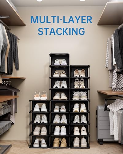 HAIXIN 7-Tier Narrow Vertical Shoe Rack, Skinny Shoe Tower for Closet | Space-Saving Storage, Stackable Modular Design, Easy Assembly, 7 Tiers or Two 4-Tier Shelves, Shoe Cubby for Small Shoe Size