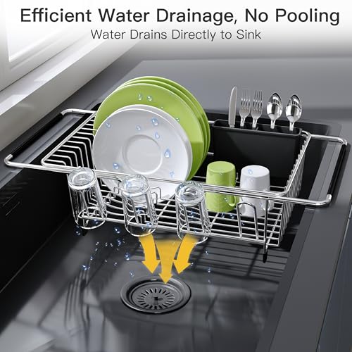 JASIWAY Dish Drying Rack in Sink, Dish Drainer with Cup and Utensil Holder | Over The Sink Expandable Stainless Steel Strainer Dryer Rack for Small Kitchen, Counter Space Saving, Fast Drain, Rustproof