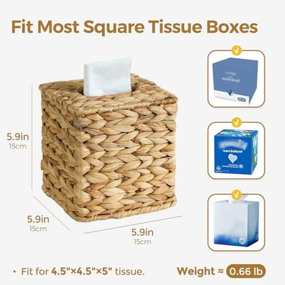 Wicker Tissue Box Cover, Rattan Tissue Box Holder Square | Boho Decorative Woven Water Hyacinth Cube Tissue Holders for Bathroom Living Room Kitchen