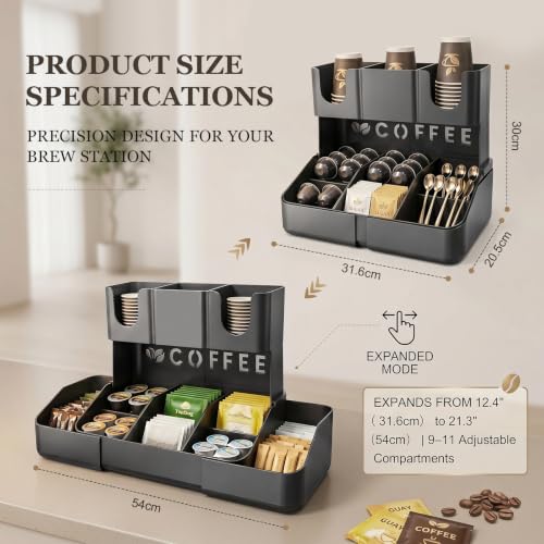 Expandable 2 Tier Coffee Station Organizer, Coffee Bar Organizer with 11 Compartments & Cup Holder Rack, Coffee Pod Holder for K Cups, Tea Bags, Sugar Packets, Countertop Coffee Accessories Storage