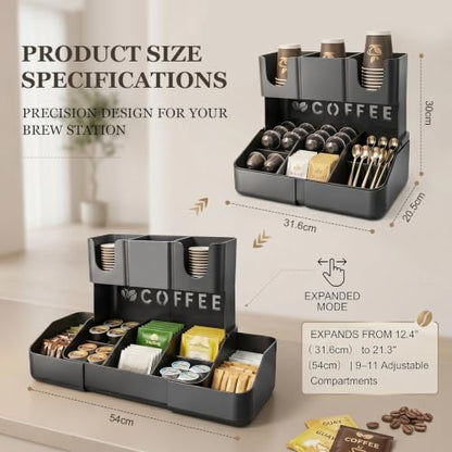 Expandable 2 Tier Coffee Station Organizer, Coffee Bar Organizer with 11 Compartments & Cup Holder Rack, Coffee Pod Holder for K Cups, Tea Bags, Sugar Packets, Countertop Coffee Accessories Storage